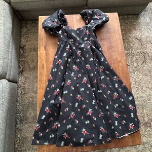 Hill House Matilda Nap Dress in Black Floral Ikat with Taffeta Size Large